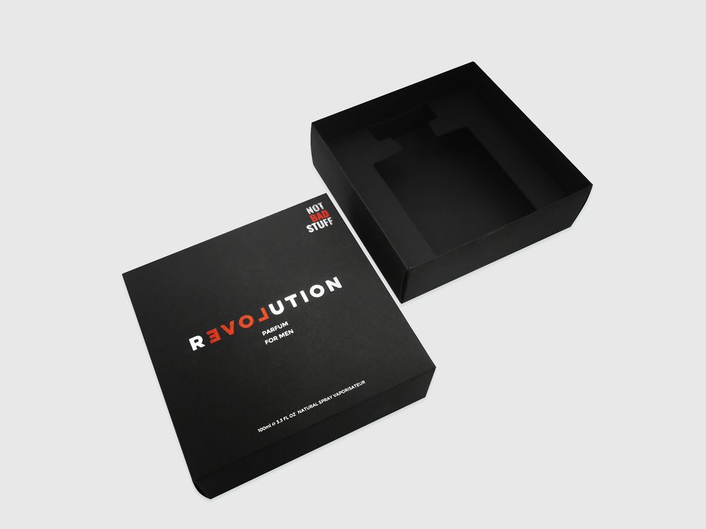 Black lid-and-base perfume box with an insert shaped to hold the bottle