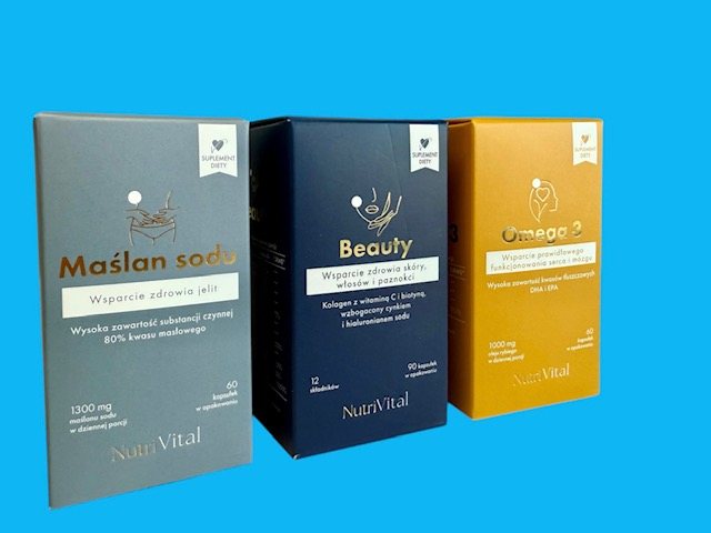 Three supplement boxes from one product line, the same design in three colours